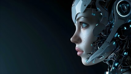 Obraz premium A cyborg girl with a robotic head merging technology and human features . Concept Robotics, Cyborg, Technology, Humans, Futuristic