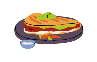 Spicy quesadilla with corn tortilla, meat fillings on plate and jar of sauce. Grilled snack with chilli pepper. Traditional Mexican street food, fastfood. Flat isolated vector illustration on white