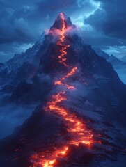 A mountain with a lava flow down its side