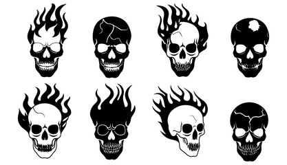 black and white tattoo skull and fire logo or icon	