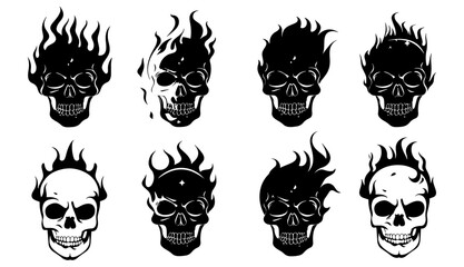black and white tattoo skull and fire logo or icon	
