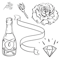 Monochrome drawing of a white flower, ribbon, champagne bottle, and diamond