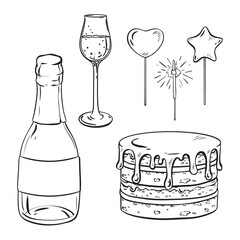 Monochrome drawing of Drinkware, Bottle stopper, Glass, Cake with sparklers