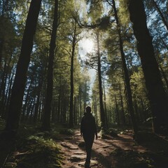 A walking meditation in the forest, captured with a front view and a wide-angle lens.