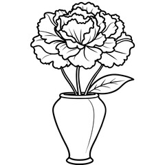 Carnation flower on the vase outline illustration coloring book page design, Carnation flower on the vase black and white line art drawing coloring book pages for children and adults