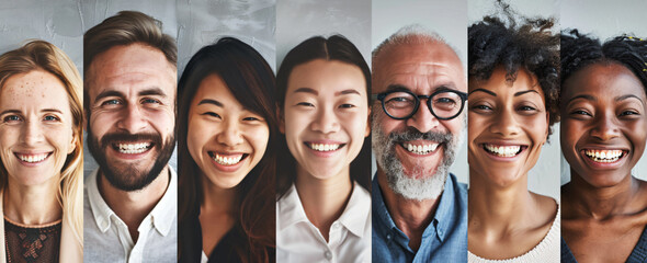 A photo featuring various smiling faces from different ethnicities and ages, arranged in vertical lines on the same canvas