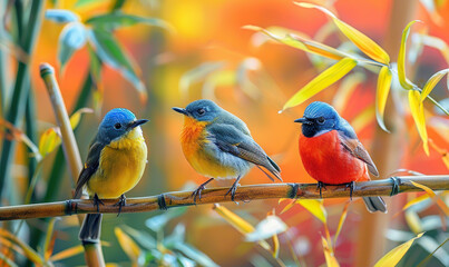 A serene scene with two vibrant red birds perched on bamboo, bathed in soft sunlight. Generate AI