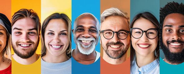 A photo featuring various smiling faces from different ethnicities and ages, arranged in vertical lines on the same canvas - Powered by Adobe