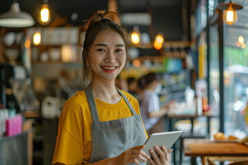 A smiling female restaurant owner standing at the entrance