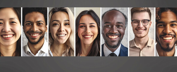 A photo featuring various smiling faces from different ethnicities and ages, arranged in vertical lines on the same canvas