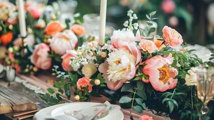 Fototapeta premium English country garden wedding adorned with peonies and floral decorations for celebration. Concept Garden Theme, Peonies, Floral Decorations, Wedding Celebration