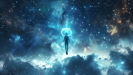 A person levitates with a halo of stars traveling through the astral realm. Concept Astral Travel, Levitation, Halo of Stars, Spirituality, Otherworldly Experience