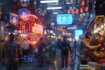Fototapeta premium Close up of a neon Bitcoin hologram used as currency in a bustling futuristic market