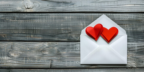 Red envelope with empty paper on wooden table two red paper hearts on white open envelope on wooden background