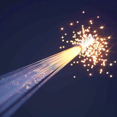 Close up of a fiberoptic cable glowing intensely as it transfers data under a clear night sky