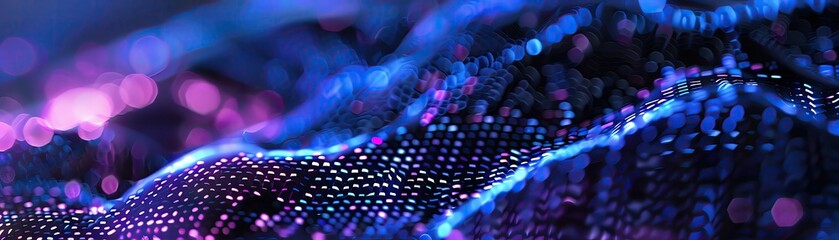 Macro shot of a high tech fabric weave incorporating smart fibers glowing under UV light