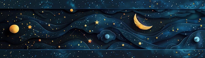 Fototapeta premium Detailed paper cut representation of a starry night sky with constellations and a crescent moon