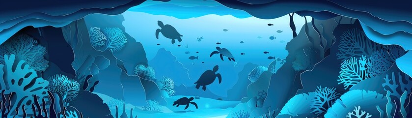 Hyper detailed paper silhouette of an undersea landscape with coral reefs and swimming sea turtles