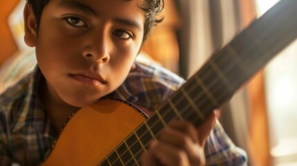 The close up picture of the hispanic male child playing or practicing guitar inside his own room, the guitar practice require music theory knowledge, regular practice and understanding rhythm. AIG43.