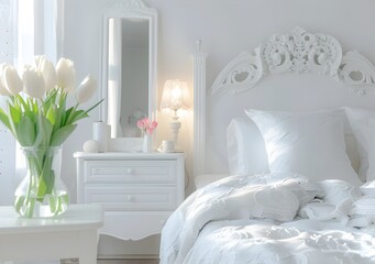 A bright white bedroom with an elegant bed, nightstand and mirror and room is decorated in a classic style with soft pastel colors