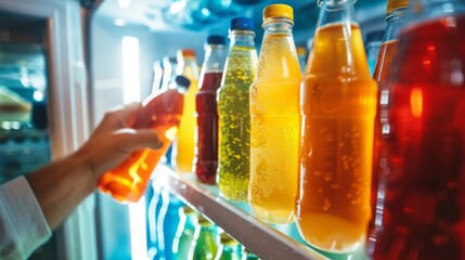 A hand opening a refrigerator filled with bottles of customformulated energy drinks each promising to boost mental acuity..