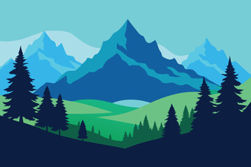 Silhouette of nature landscape. Mountains, forest in background. Blue and green illustration design