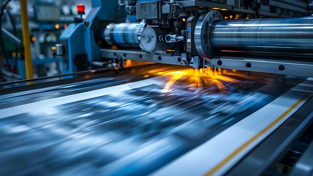 Commercial printing press machine in operation. Concept Commercial Printing Machine, Large Scale Operations, Printing Press Technology