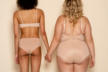 Diverse woman in underwear, back view