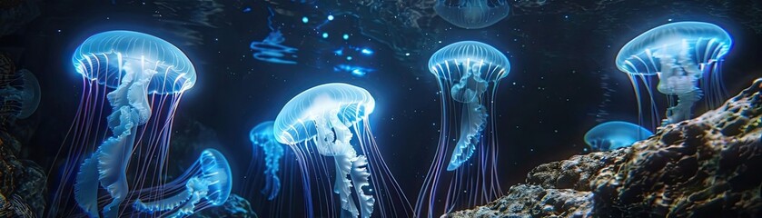 Luminous jellyfish dancing gracefully in a dark underwater cave, casting eerie lights on the rocky surfaces