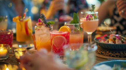 A dinner party with a table full of friends enjoying a variety of colorful and enticing mocktails.