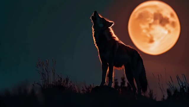 Silhouette of a howling wolf against a full moon at night