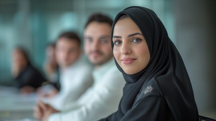 Confident businesswoman in hijab attending a meeting, embodying professionalism and diversity in the workplace, Concept of inclusive work culture and women's empowerment