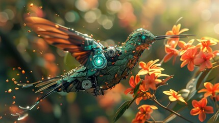 Obraz premium A robotic hummingbird collecting data from flowers in a virtual reality environment at noon