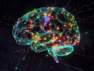 A vibrant brain-shaped network with neural connections, depicting cognitive development 