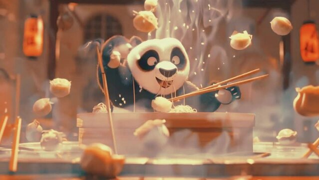 A panda chef cooking ramen in a steamy kitchen, surrounded by floating dumplings and chopsticks, 4k High-Quality anime-style animations video