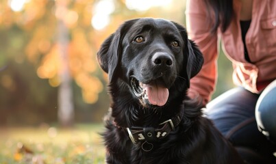 A dog rests with its owner in the park
