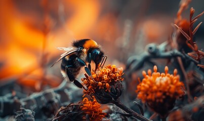 A bumblebee sits on a surviving flower after a fire