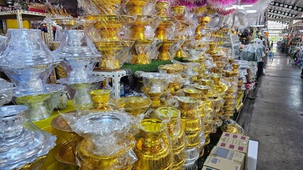worship and payer items, worshiping items in local market, Thailand. sacred accessories shop