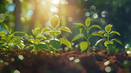 Concept of business growth,profit, development and success. Young plants increase on sunny background.Growing money,finance and investment. Generative Ai. hyper realistic 