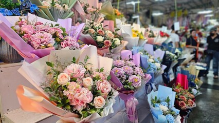 fresh flower bouquet line up in flower shop, rose, 