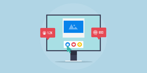 Social media post reaction, audience engagement increases follower conceptual vector illustration.