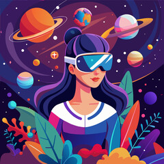 Girl wearing VR with looking the cosmic landscape, universe, humans outside world 
