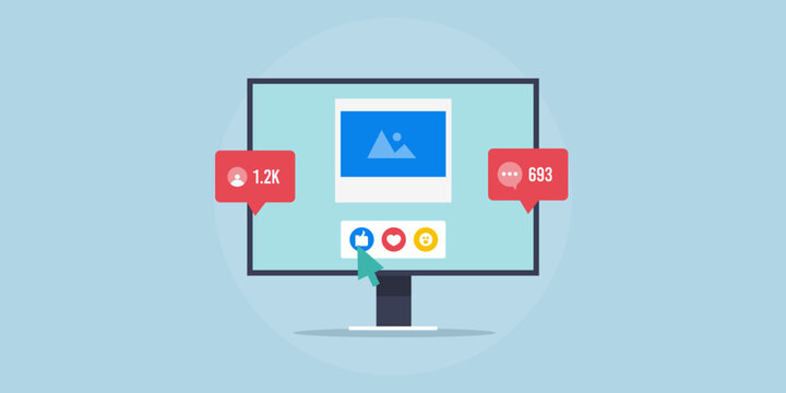 Social media post reaction, audience engagement increases follower conceptual vector illustration.