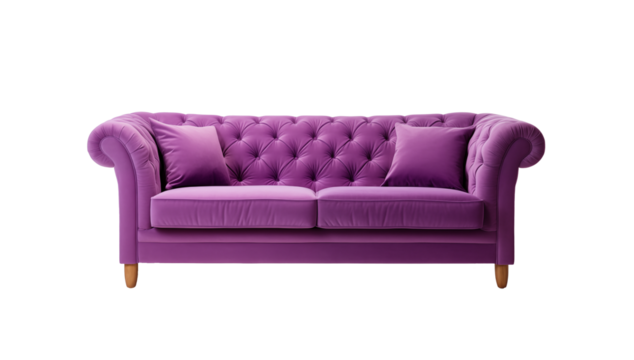 Chic modern sofa with button tufts and angular wooden legs, isolated on transparent background. Generative AI