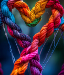 Colorful threads form a heart, symbolizing global love & connection. global love and unity