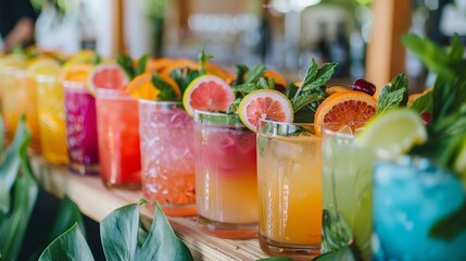 A row of colorful drink stations each offering a different type of mocktail made with fresh seasonal ingredients.