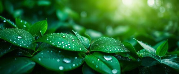 Background made of fresh green leaves with water drops. Green dynamic backdrop. - Powered by Adobe