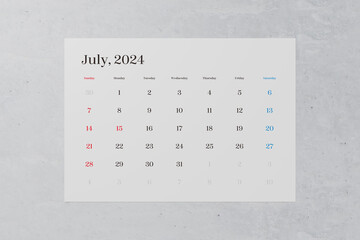 2024年7月のシンプルなカレンダー。日曜始まり。Simple calendar for July 2024.