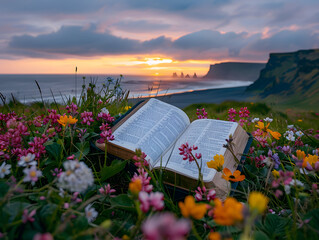an open Bible lying on some grass surrounded by flowers. The scene is set at a cliff with a beautiful sunset in the background.