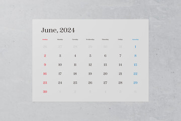 2024年6月のシンプルなカレンダー。日曜始まり